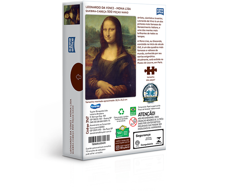 Quebra-Cabeça 500 Peças Puzzle Quadro Mona Lisa 50,8x36 cm em